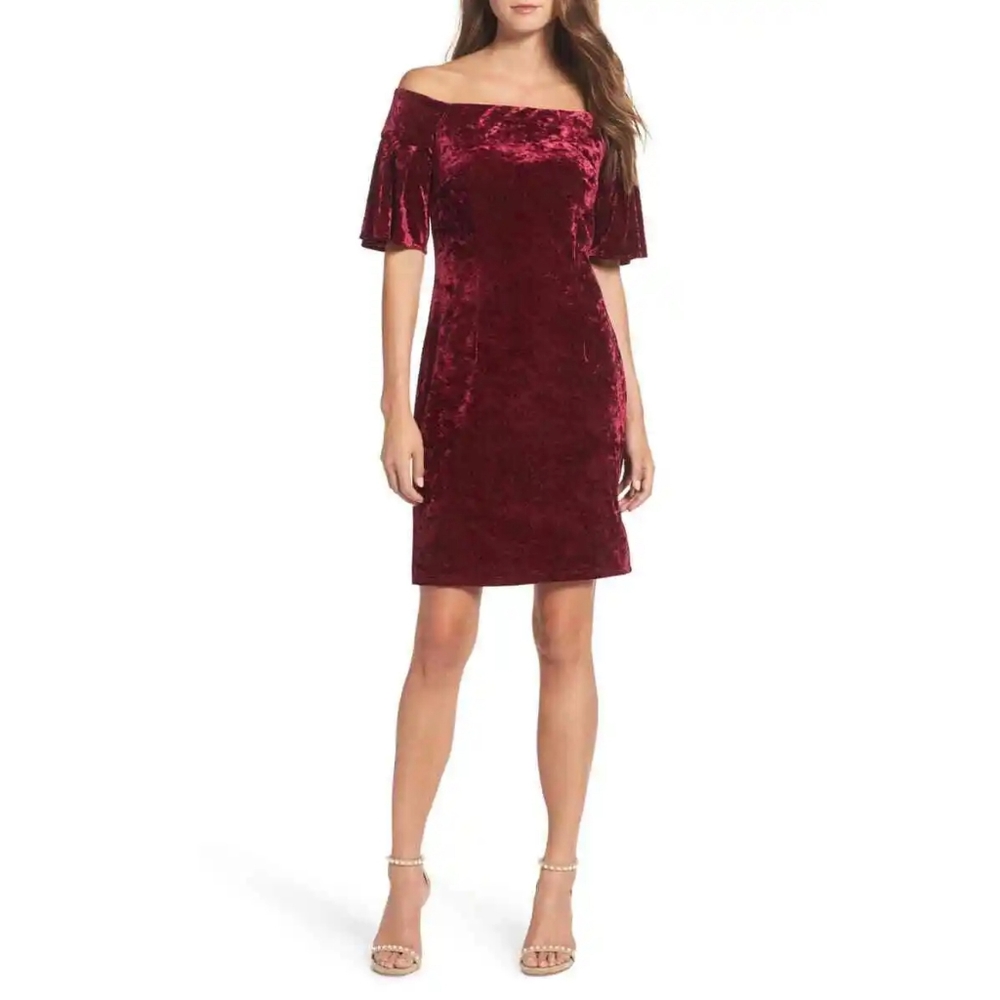 Eliza J. Red Velour Off-shoulder Dress with Flutter Sleeves size 2